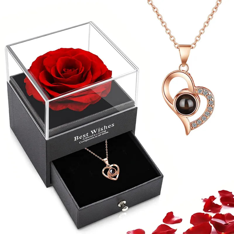 🥰 Conjunto Colar + Caixa Rosa Eterna - "Eu te amo" em 100 idiomas💖